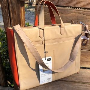 Tan & Orange Leather Laptop Tote Bag